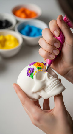 Hands of a child painting a skull with colorful paints on a white backgroundの素材