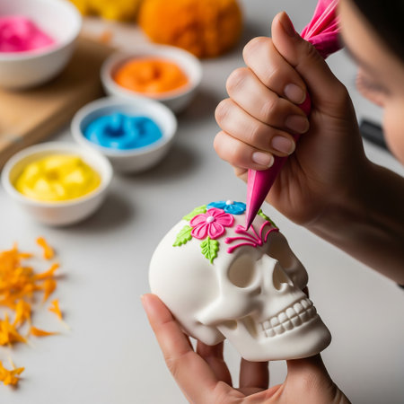 Close up of little girl painting a skull with colorful paint on white backgroundの素材