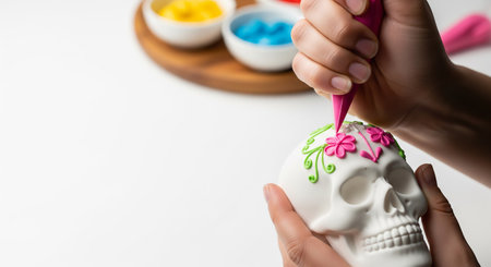 Hands of a woman decorating a skull with colorful paints.の素材