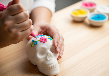 Little girl painting a skull on wooden table with colorful paints. Selective focus.の素材