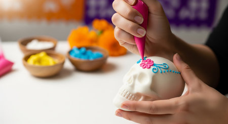 Hands of a young woman decorating a skull for Easter.の素材