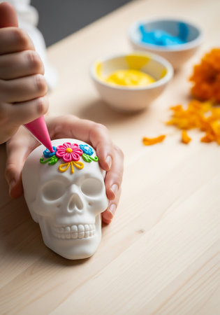 Close up of childs hands decorating sugar skull with colorful flowersの素材