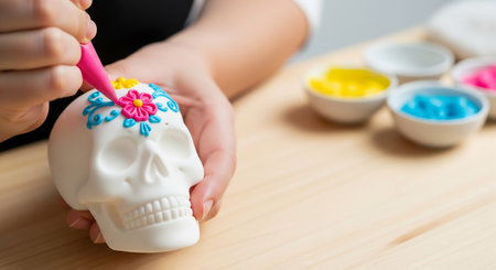 Close-up of female hands painting a skull on a wooden tableの素材