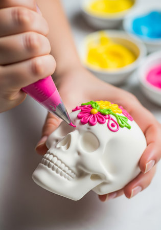 Child painting a skull with a paintbrush. Selective focus.の素材