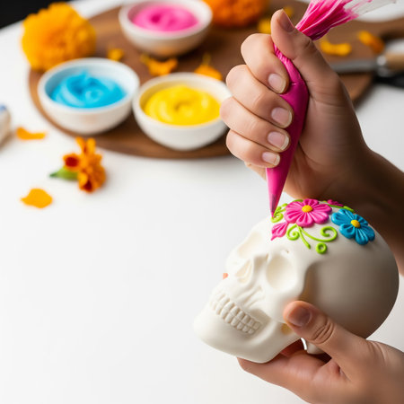 Hands of a child painting a skull with colorful paints on a white backgroundの素材