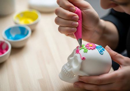 Close up of hands decorating a white sugar skull with vibrant colored royal icing and a piping bag. Crafting for the Dia de Muertos celebration.の素材