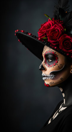 Day of the Dead sugar skull woman in black dress and black hat with red roses bouquet on dark backgroundの素材