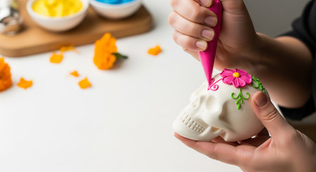 Hands of woman decorating easter egg with flowers on white tableの素材
