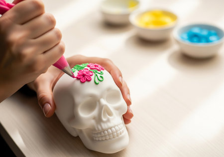 Close-up of a child's hand painting a skull with paintの素材