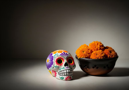 Day of the Dead skull with marigold and calendula flowersの素材