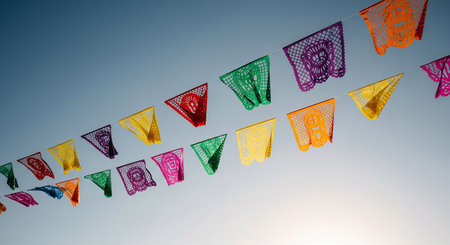 Colorful garlands on a blue sky background. Vintage style.の素材