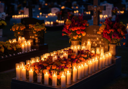 Gravestones with flowers and candles at the cemetery at night.の素材