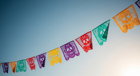 Colorful decorative pennants on blue sky background. Holidays concept.の素材