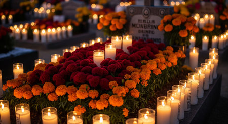 Cemetery decoration with flowers and candles at All Saints Day in Polandの素材