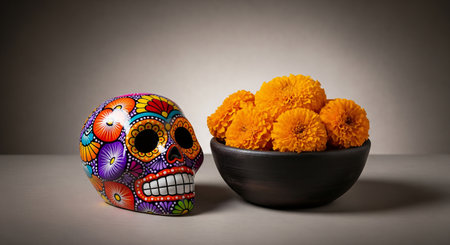 Day of the Dead sugar skull with marigold flowers in bowlの素材