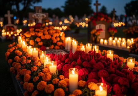 Candles lighted at a cemetery during All Saints' Day.の素材