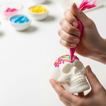 Hands of a woman decorating a skull with a paintbrushの素材