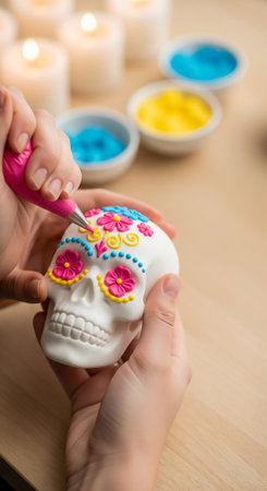 Hands decorating sugar skull for Dia de los Muertos holidayの素材