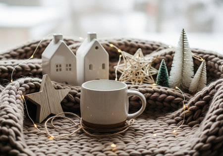 Cozy winter composition with cup of coffee, Christmas decorations and knitted plaidの素材