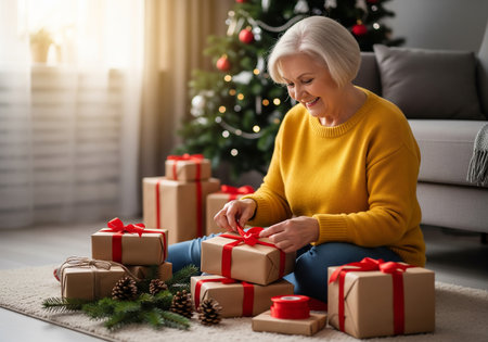 happy senior woman wrapping christmas gifts at home in the living roomの素材