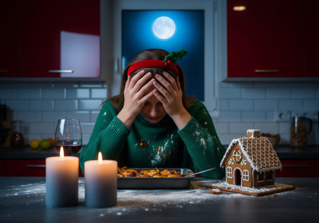 A young woman in a green sweater sits at the table in the kitchen in front of a Christmas gingerbread house. The concept of home comfort and warmth.の素材