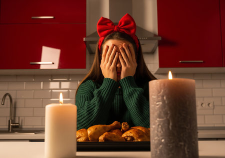 Young woman covering her face with hands and sitting in the kitchen.の素材