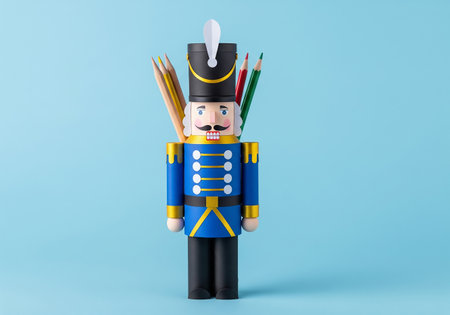 Vintage toy soldier with pencils on blue background. 3d illustration.の素材