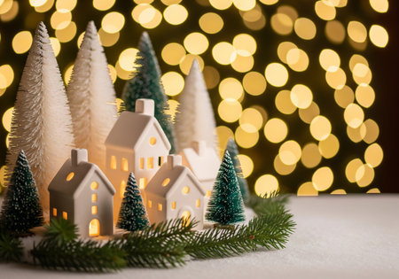 Christmas and New Year holidays background with Christmas trees, houses and lights.の素材