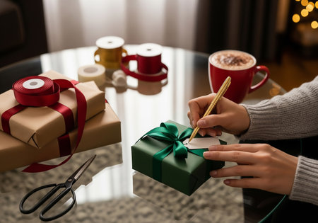 Female hands with gift box and cup of coffee on table, closeupの素材