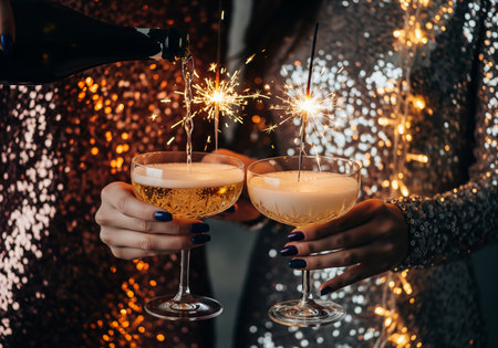 New Year celebration. Closeup of female hands holding glasses with champagne and sparklersの素材