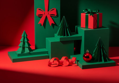 Christmas tree and gift boxes on a red background. 3d renderingの素材