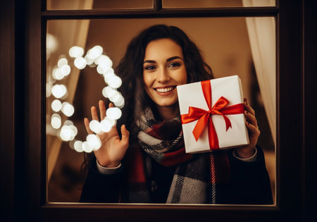 Beautiful young woman holding a lot of christmas gift boxes in her hands.の素材