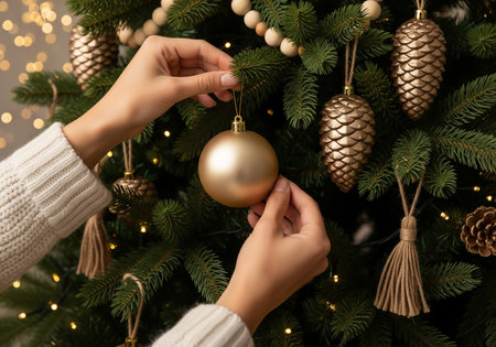 Woman decorating Christmas tree with bauble at home, closeupの素材