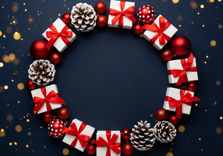 Christmas background with red and white gift boxes, Christmas balls, pine cones and snowflakes on dark blue backgroundの素材
