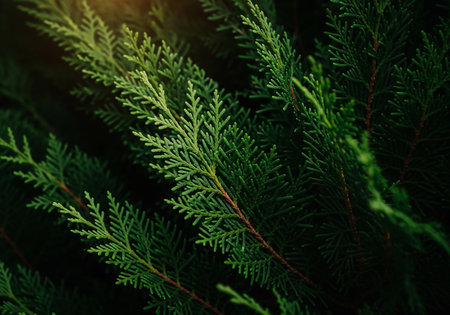 Close up of evergreen coniferous tree branches. Nature backgroundの素材
