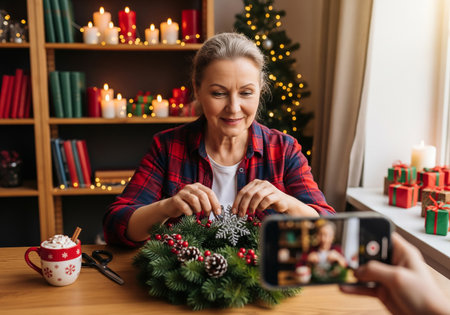 Happy mature woman making christmas photo on mobile phone at home.の素材