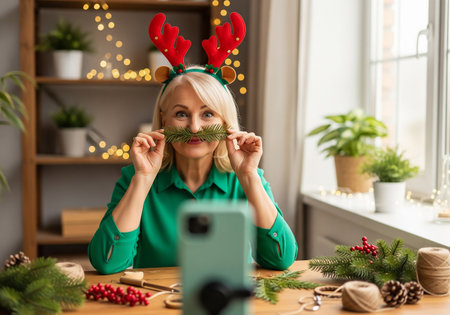 happy senior woman in reindeer antlers making selfie on smartphone at homeの素材