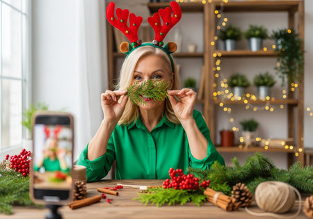 christmas, holidays, technology and people concept - happy woman with reindeer antlers making video blog at homeの素材