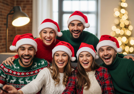 happy friends in santa hats taking selfie on smartphone at christmasの素材