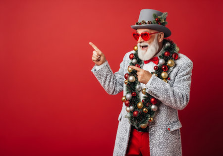 Portrait of a stylish senior man dressed as Santa Claus posing isolated over red background.の素材