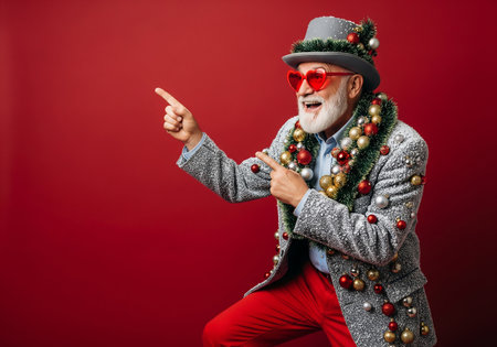 Portrait of a cheerful senior man dressed up for Christmas and pointing finger aside isolated over red backgroundの素材