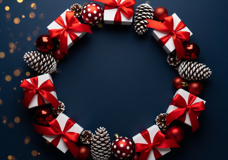 Christmas wreath with red and white gift boxes on dark blue backgroundの素材