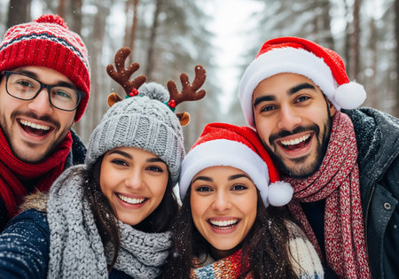 Portrait of a group of friends in Santa Claus hats and scarves having fun outdoors.の素材