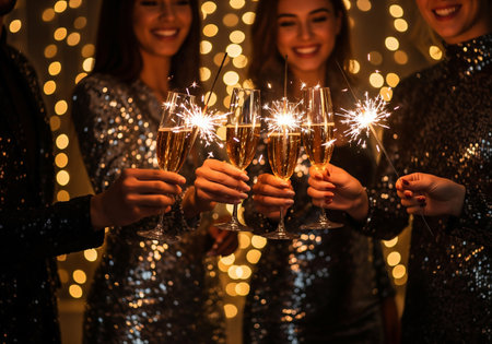 Group of friends toasting with sparklers in the night club.の素材