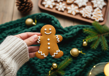 Female hand holding gingerbread man on background of green knitted scarf and Christmas decorationsの素材