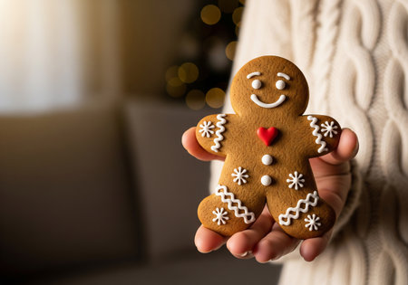 Gingerbread man in the hands of a woman. Christmas backgroundの素材