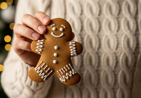 Woman holding delicious gingerbread man on blurred lights background, closeupの素材