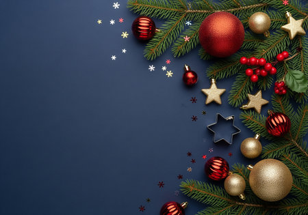 Christmas background with fir branches, red and golden baubles and stars on blue background. Top view with copy space.の素材