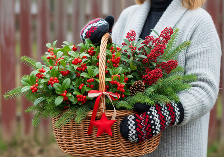 Woman holding a basket with holly berries and red berries in winterの素材
