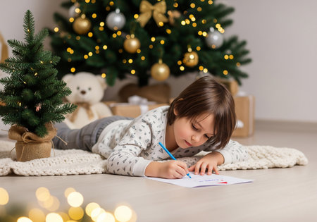 Cute little boy writing letter in front of Christmas tree at homeの素材